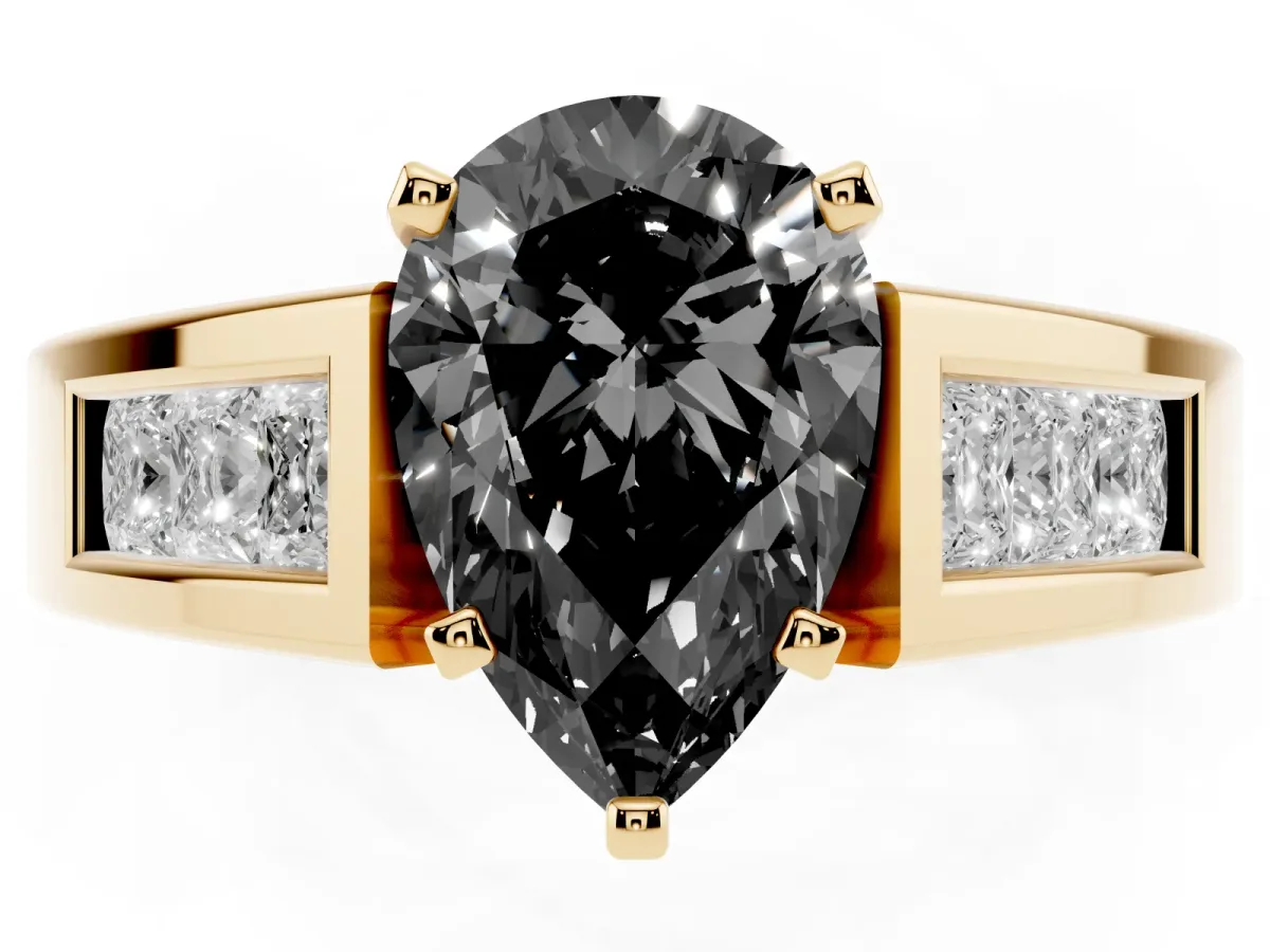 Fancy Black Pear Cut Cut Channel Set Solitaire Ring with Four-Prong Setting Yellow gold