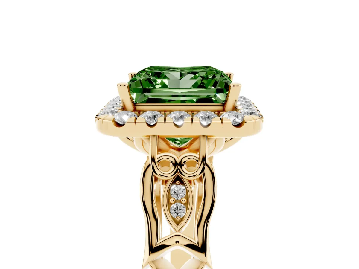 Fancy Green Princess Cut Halo Diamond Engagement Ring with Filigree Band and Four-Prong Setting Yellow gold