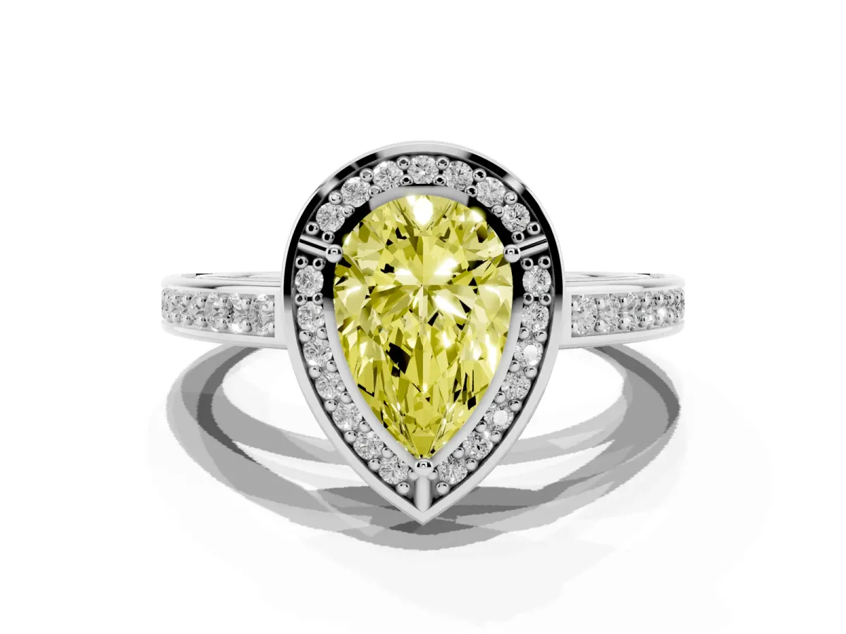 Fancy Yellow Pear Cut Cut Halo Pave Split Shank Prong Setting Ring Platinum