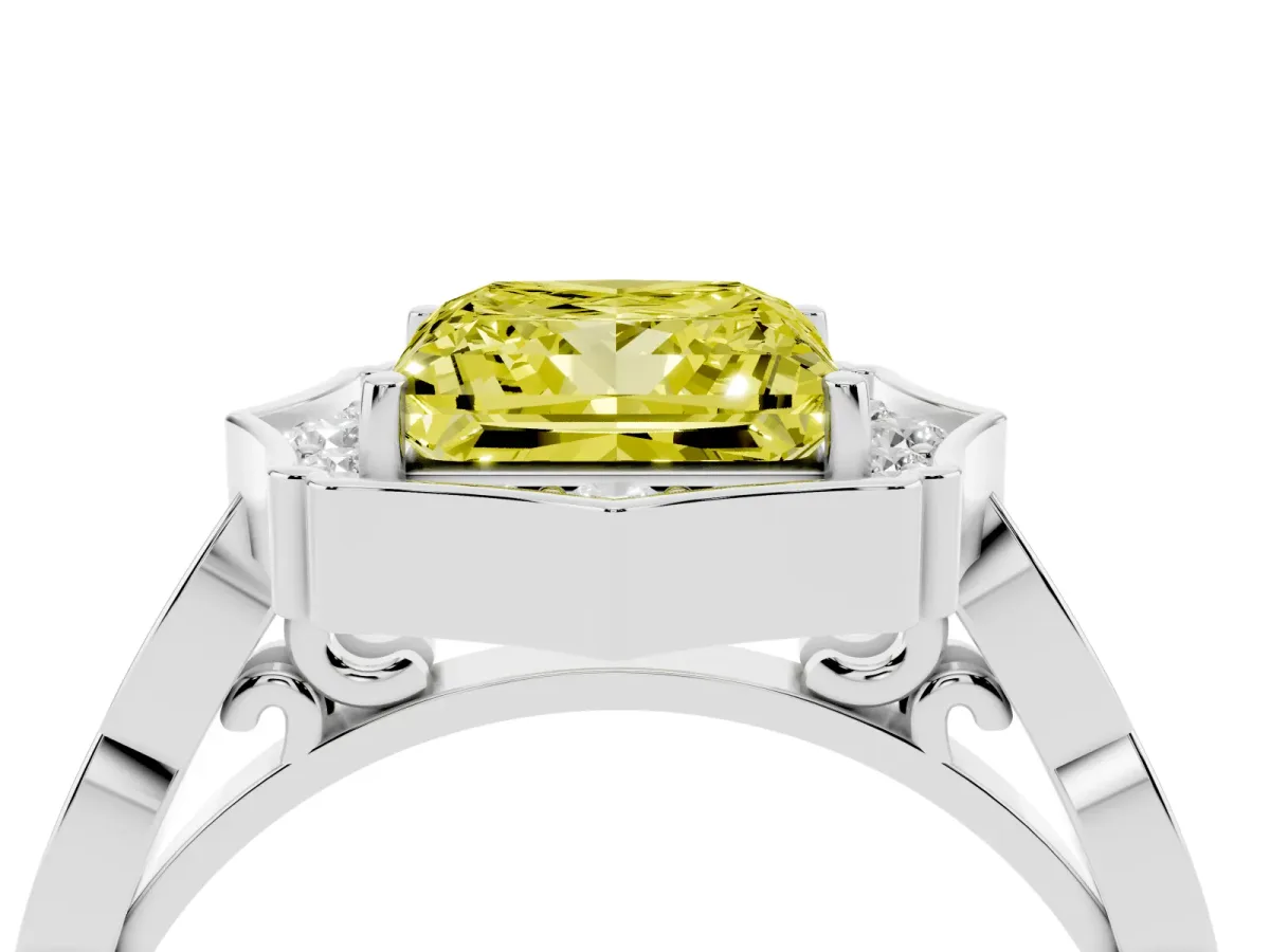 Fancy Yellow Princess Cut Halo Diamond Engagement Ring with Milgrain Band and Four-Prong Setting Silver