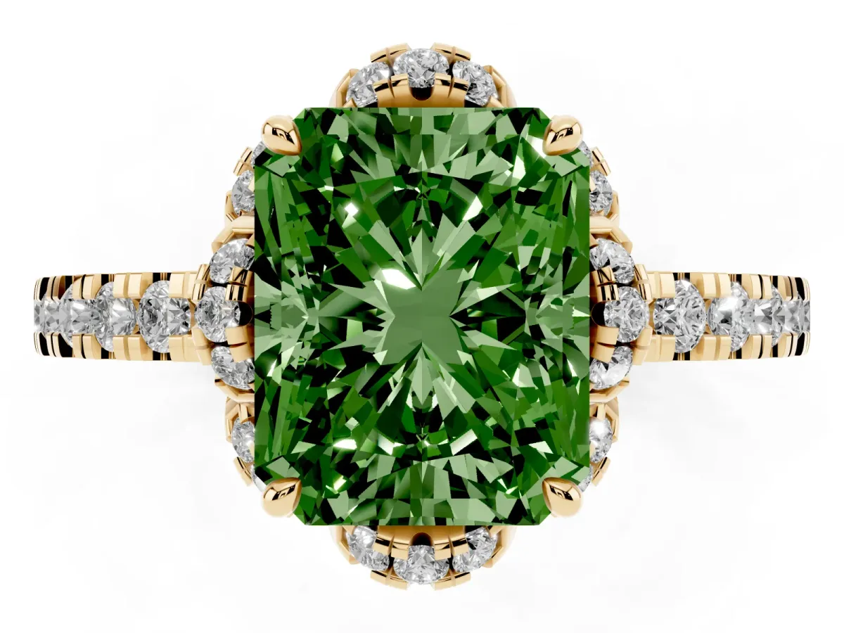 Fancy Green Radiant Cut Diamond Halo Pave Band with Four-Prong Setting Yellow gold