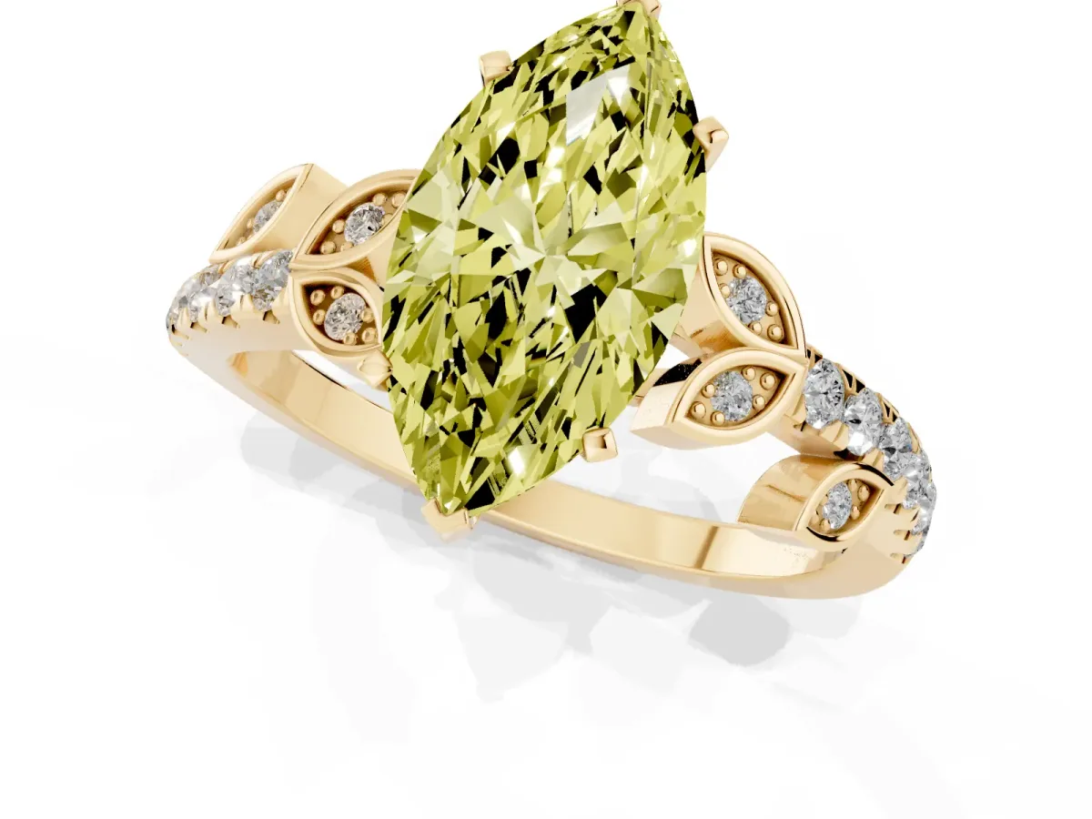 Fancy Yellow Marquise Cut Solitaire Leaf-Inspired Diamond Ring with Pavé Band and Four-Prong Setting Yellow gold