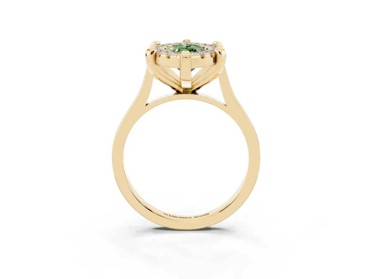 Fancy Green Marquise Cut Diamond Cluster Halo Solitaire with Four-Prong Setting Yellow gold