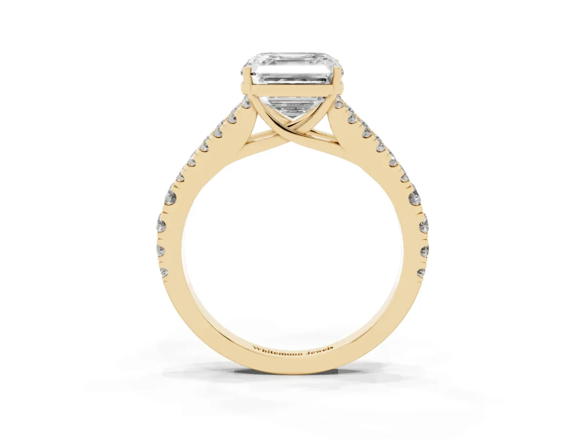 Asscher Cut Diamond Split Shank Engagement Ring with Round Pavé and Prong Setting Yellow gold