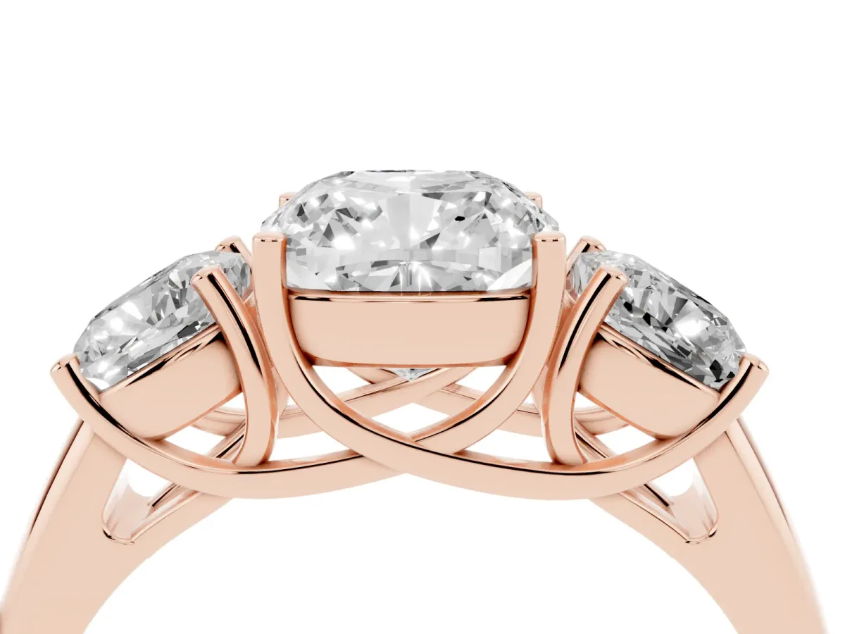 Three-Stone Cushion Cut Diamond Engagement Ring with Prong Setting Rose gold