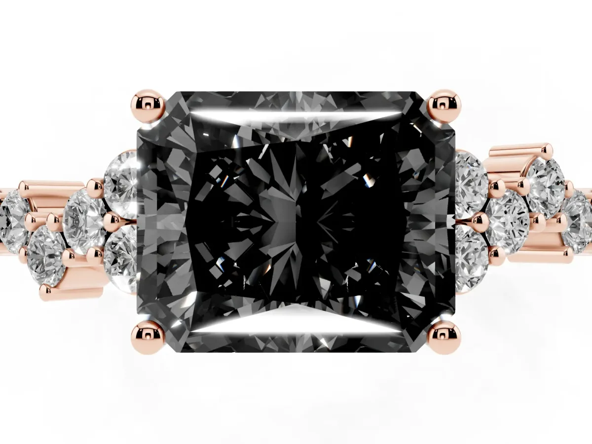 Fancy Black Radiant Cut Diamond Scattered Round Accent Ring with Prong Setting Rose gold