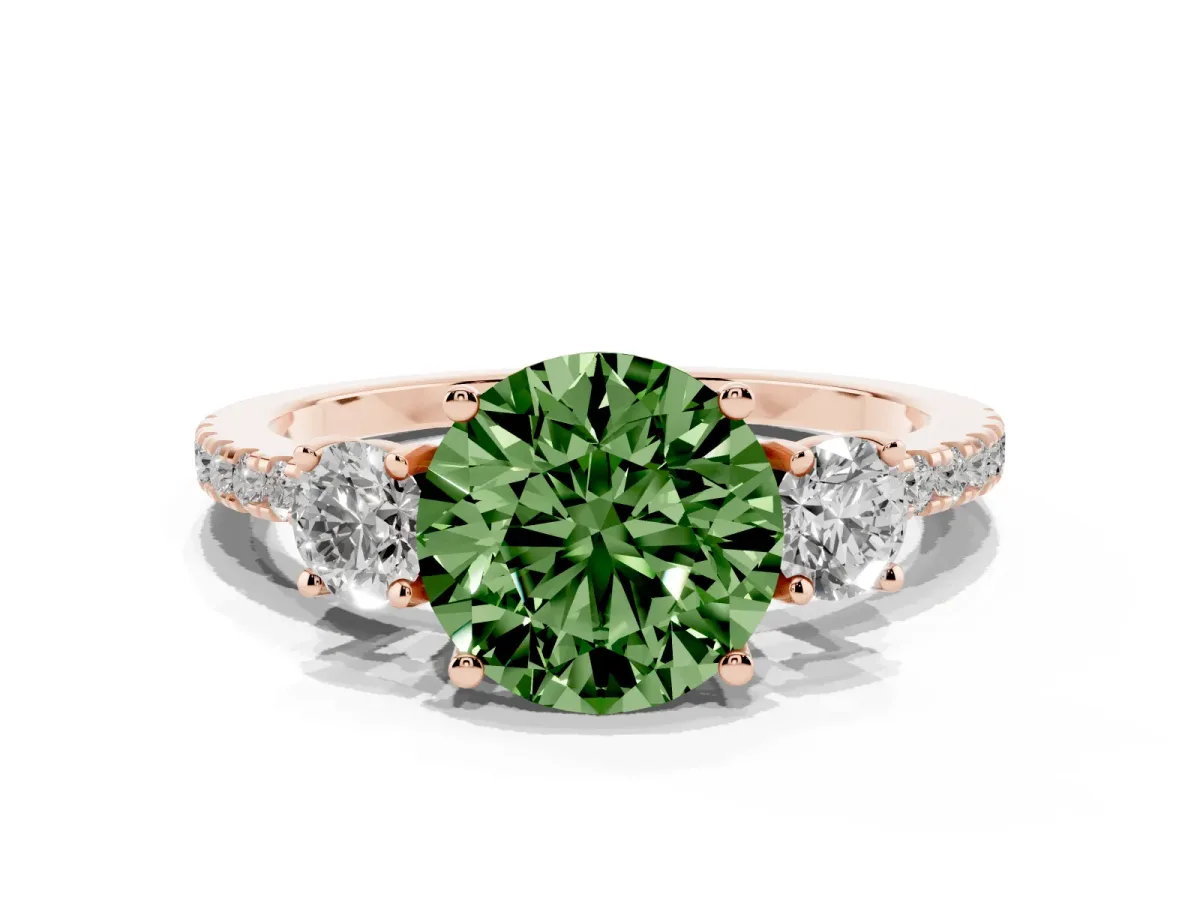 Fancy Green Three-Stone Round Cut Cut Diamond Pavé Band with Prong Setting Rose gold