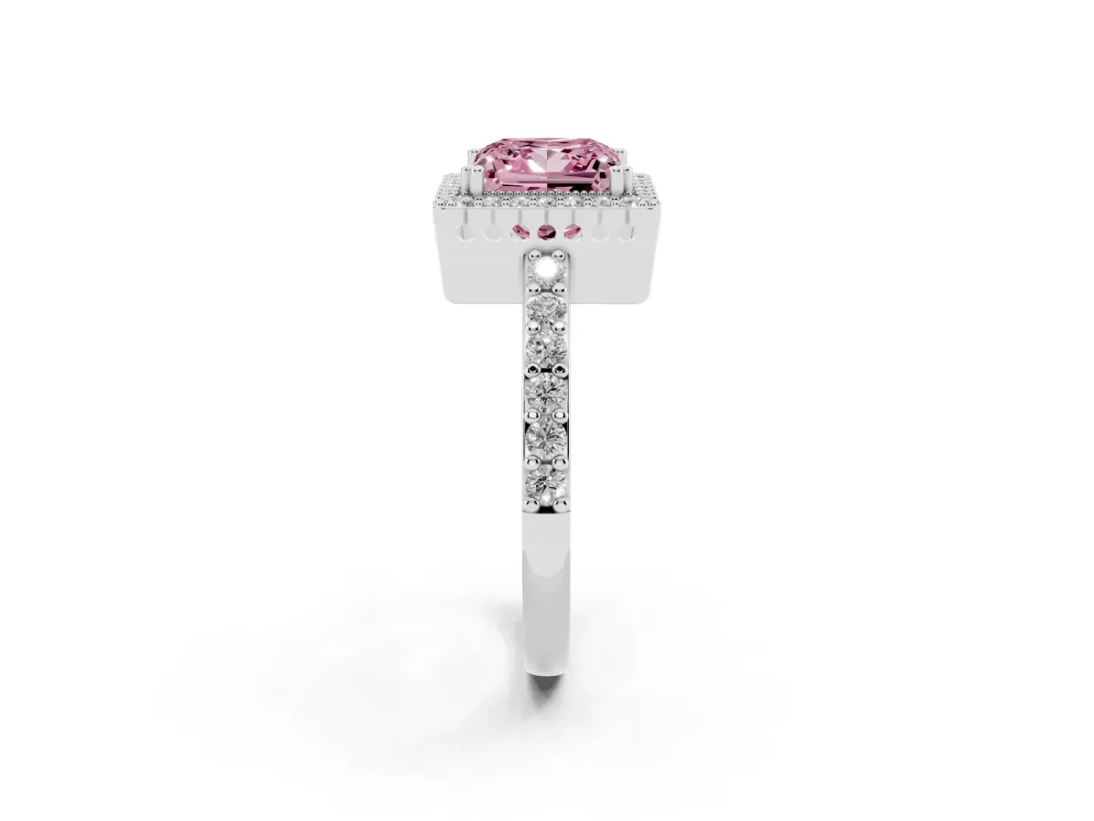 Fancy Pink Princess Cut Cut Diamond Halo Engagement Ring with Milgrain Detail and Pavé Band Silver
