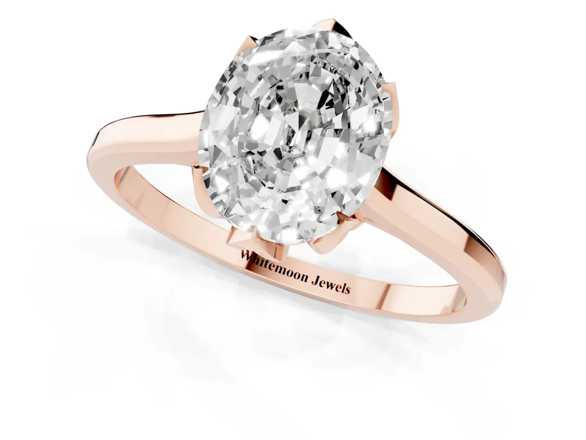 Oval Cut Diamond Solitaire Ring with Flower Prong Setting and Classic Band Rose gold