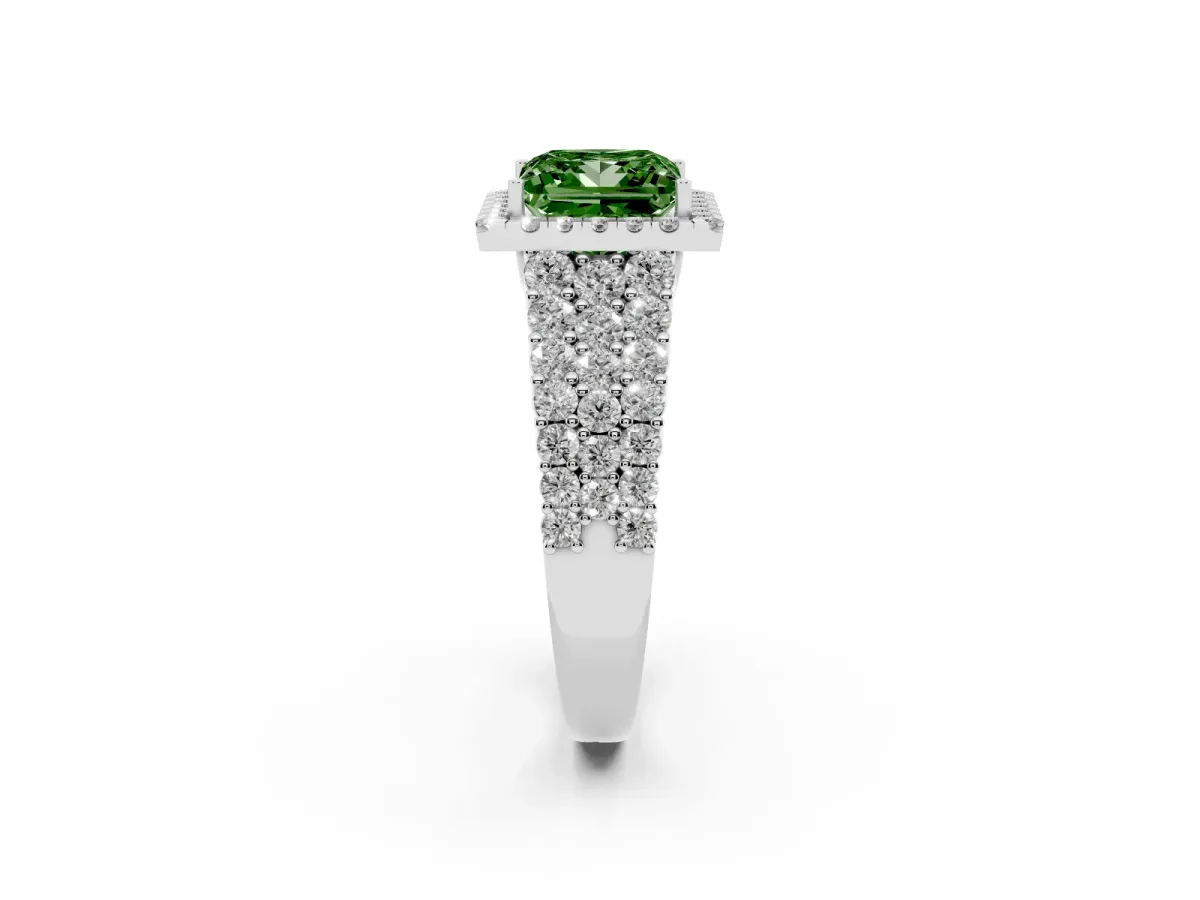 Fancy Green Princess Cut Diamond Halo Engagement Ring with Triple Row Round Pavé Band and Prong Setting Silver