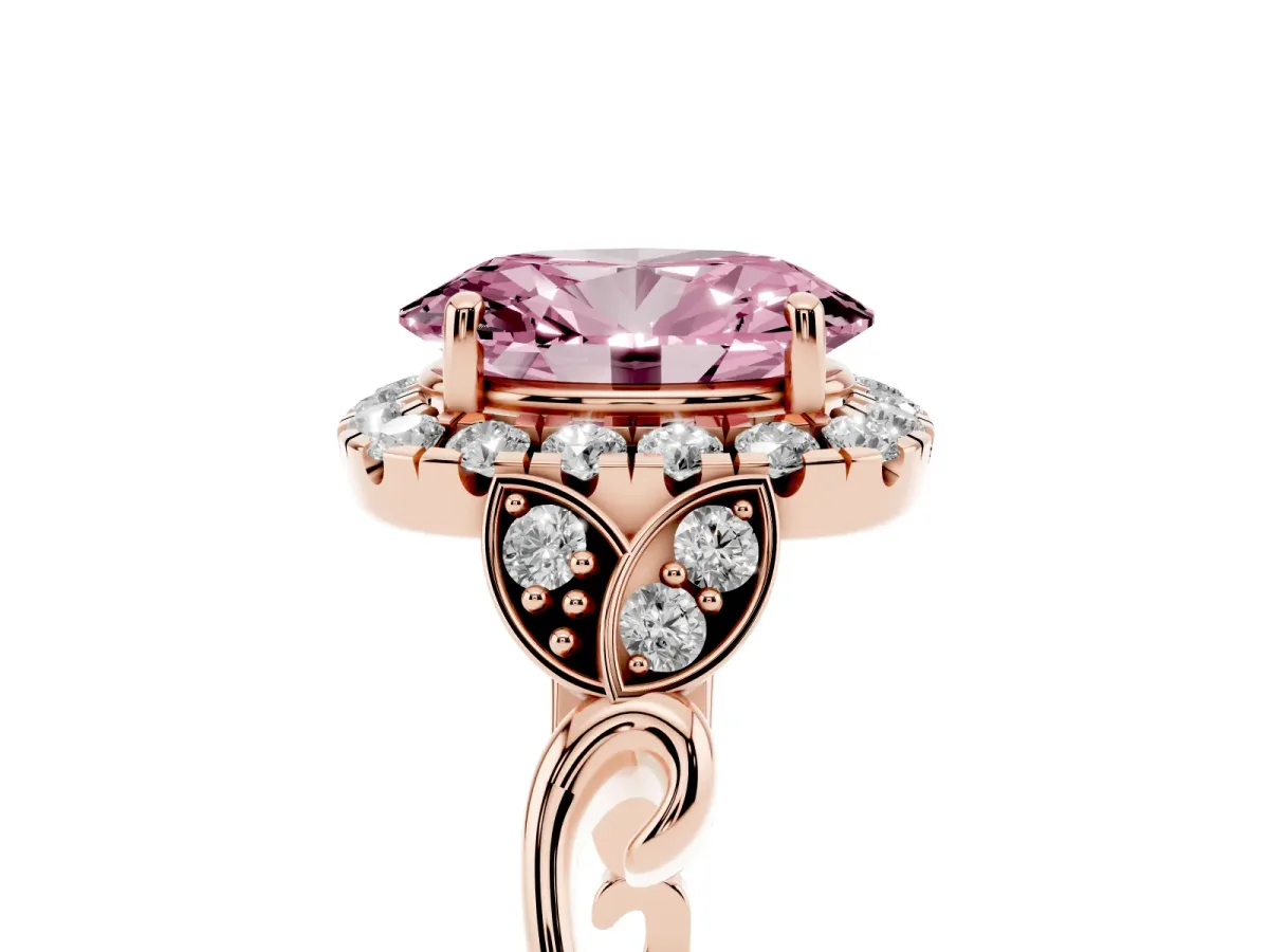 Fancy Pink Oval Cut Halo Diamond Engagement Ring with Vintage-Inspired Band and Four-Prong Setting Rose gold