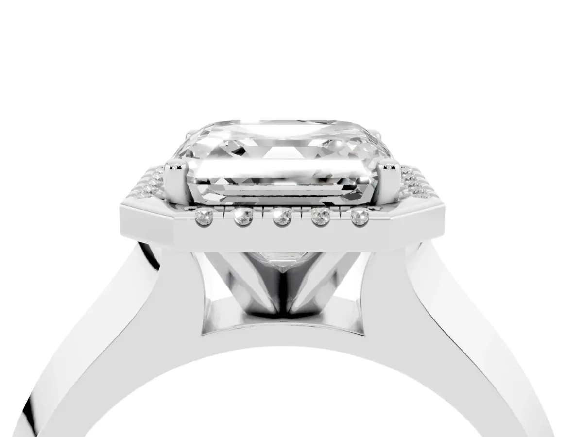 Asscher Cut Halo Diamond Ring with Cathedral Band and Four-Prong Setting Silver