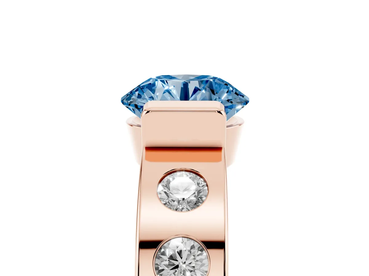 Fancy Blue Round Cut Brilliant Channel-Set Diamond Ring with Bezel Prong Setting Rose gold