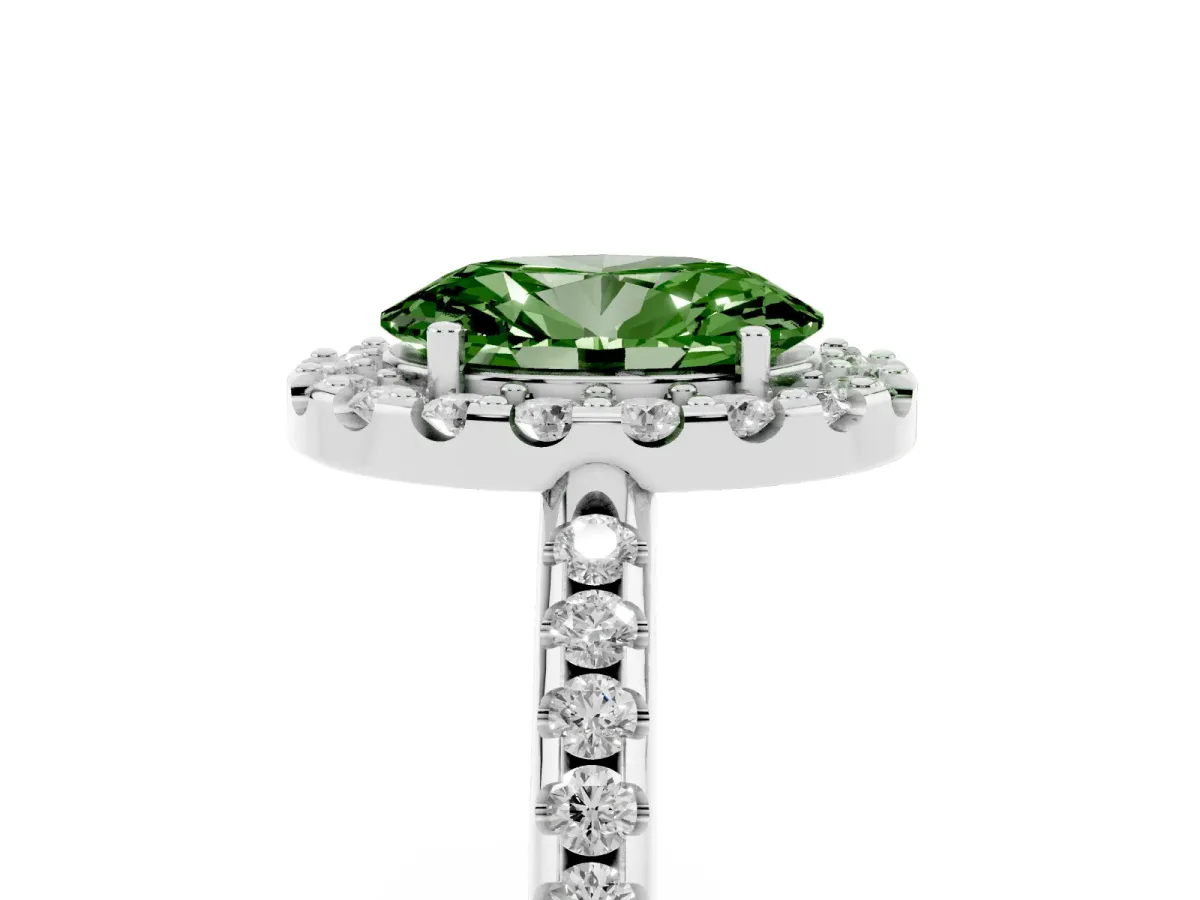 Fancy Green Oval Cut Diamond Pavé Halo Ring with Four-Prong Setting Platinum