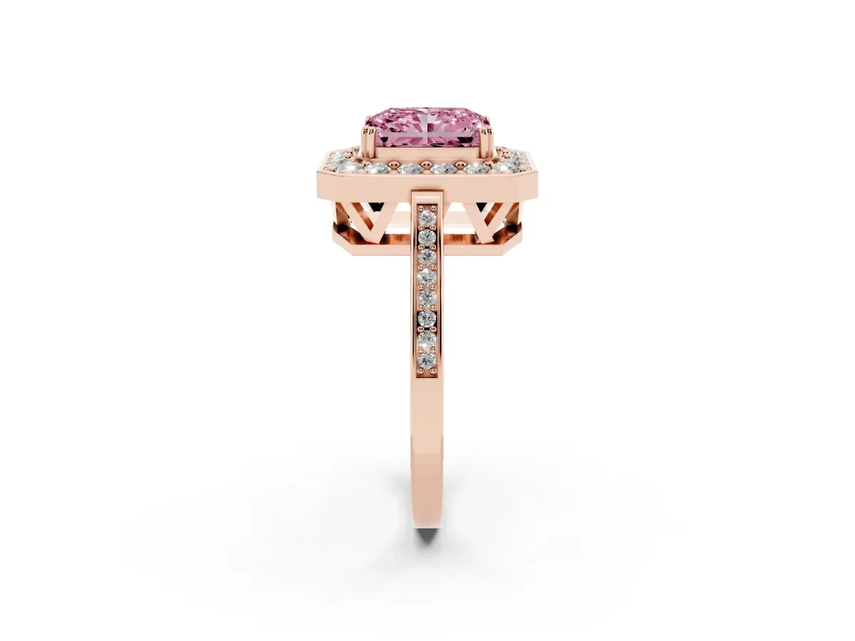 Fancy Pink Radiant Cut Diamond Halo Ring with Split Shank and Four-Prong Setting Rose gold