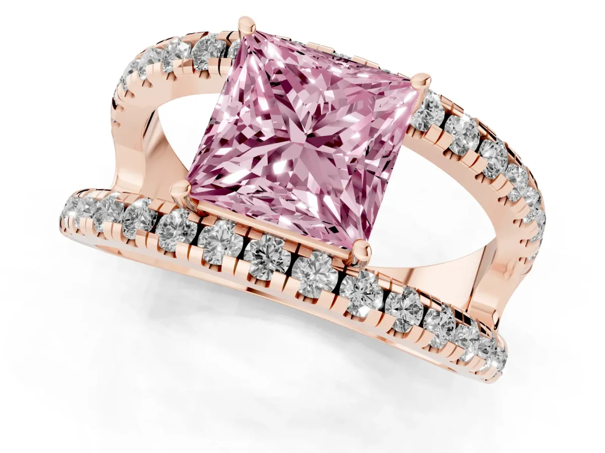 Fancy Pink Princess Cut Solitaire Split Shank Pave Diamond Ring Rose gold
