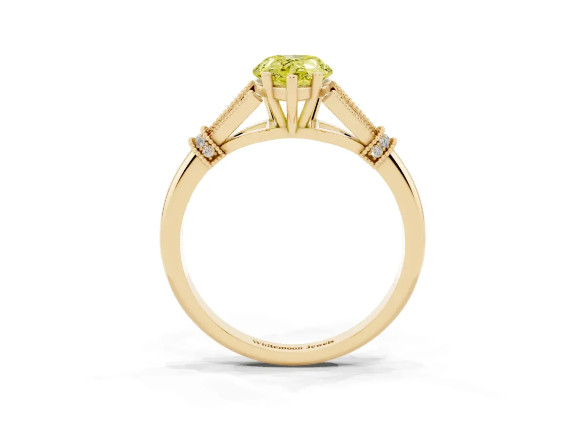 Fancy Yellow Pear Cut Diamond Solitaire Ring with Floral Filigree and Pave Accents Yellow gold