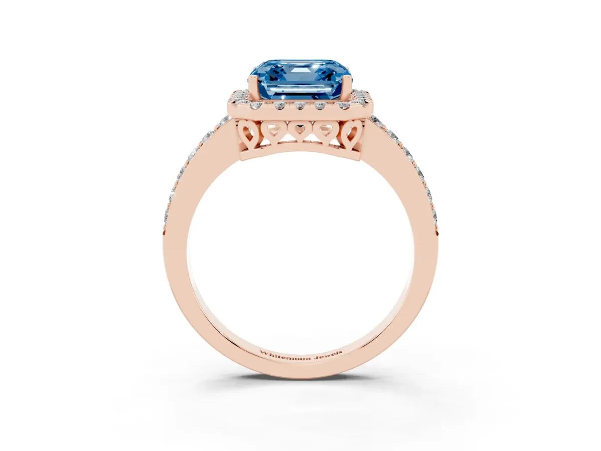 Fancy Blue Asscher Cut Halo Diamond Pavé Band Ring with Prong Setting Rose gold