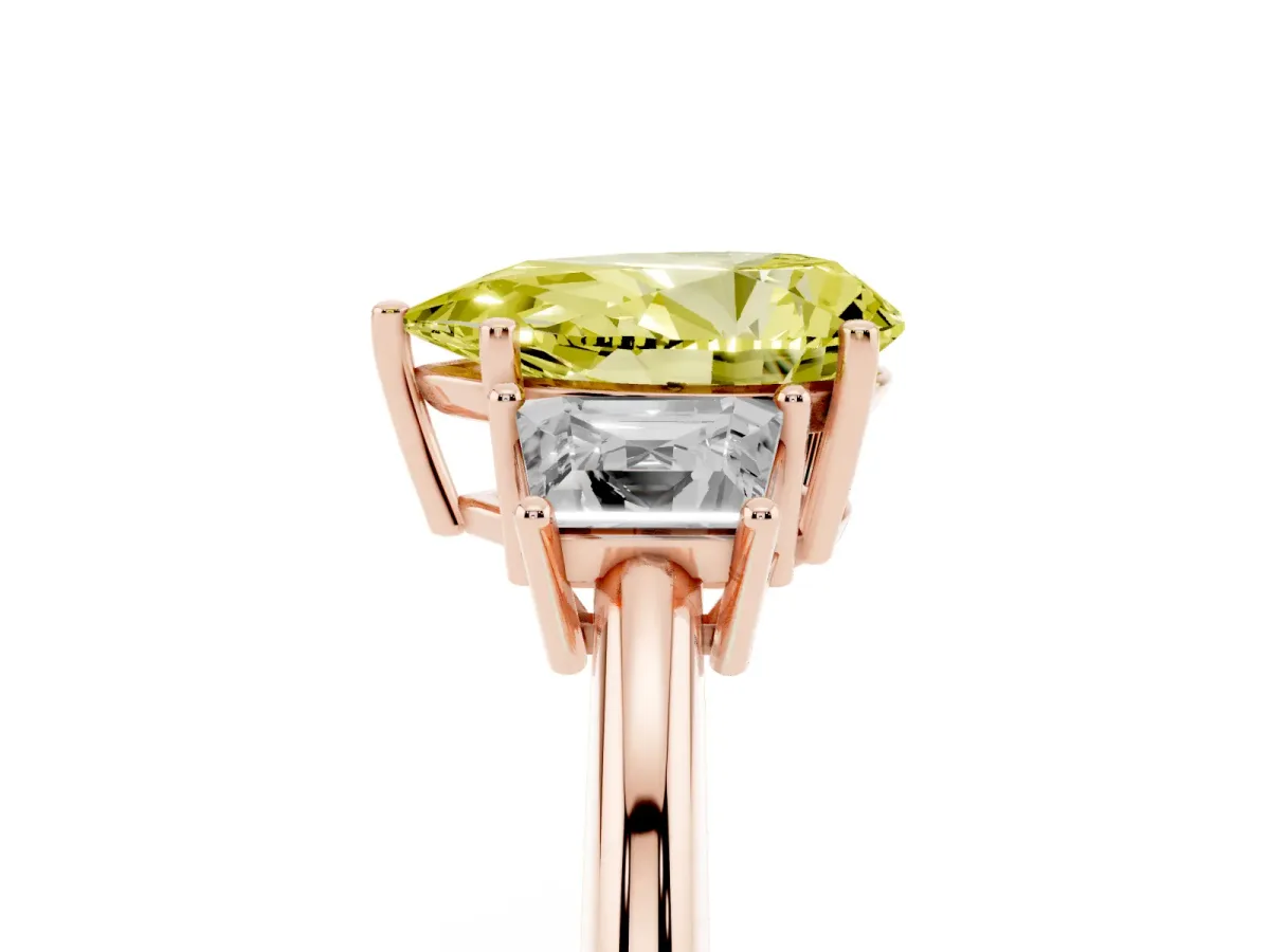 Fancy Yellow Pear Cut Diamond Three-Stone Ring with Trapezoid Side Stones and Prong Setting Rose gold