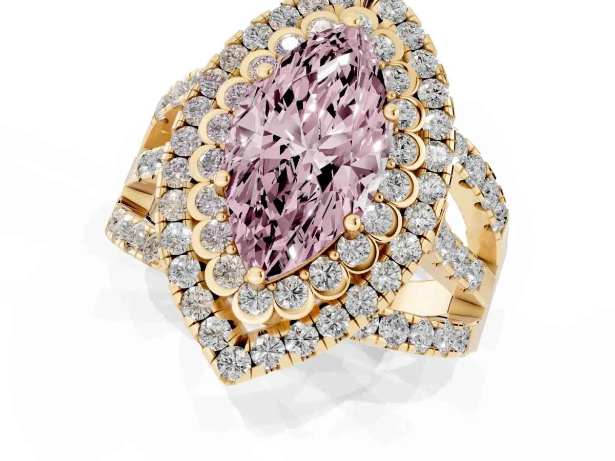 Fancy Pink Marquise Cut Diamond Double Halo Ring with Round Pavé Split Shank and Prong Setting Yellow gold