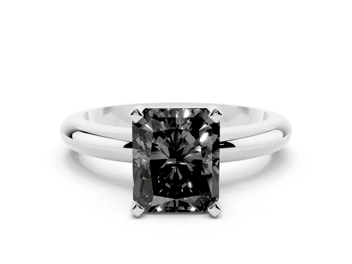 Fancy Black Radiant Cut Diamond Solitaire Engagement Ring with Round Band and Four-Prong Setting Silver