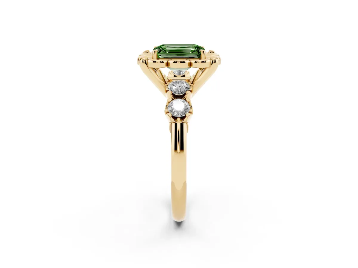 Fancy Green Emerald Cut Cut Diamond Floral Halo Engagement Ring with Shared Prong Setting Yellow gold