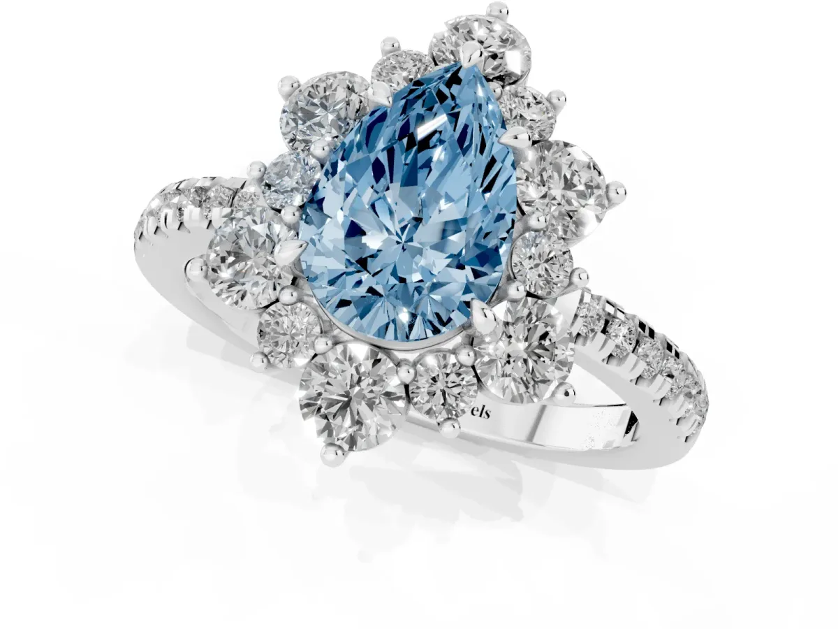 Fancy Blue Pear Cut Diamond Floral Halo Ring with Round Pavé Band and Prong Setting Platinum