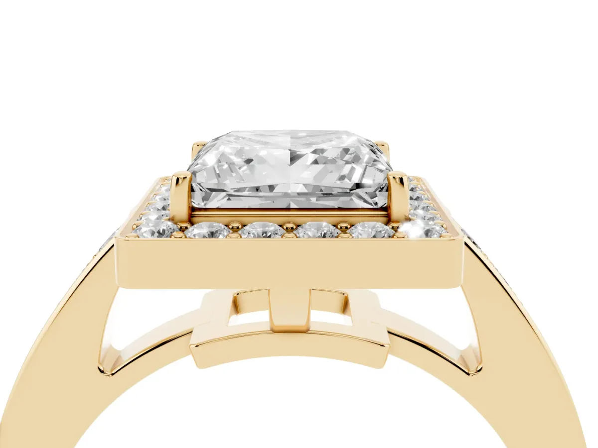 Princess Cut Halo Pavé Diamond Engagement Ring with Bezel Setting Yellow gold