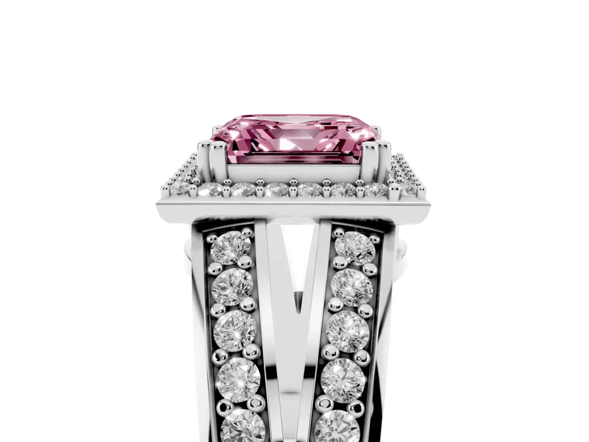 Fancy Pink Asscher Cut Diamond Halo Ring with Split Shank Pavé Band and Four-Prong Setting Silver