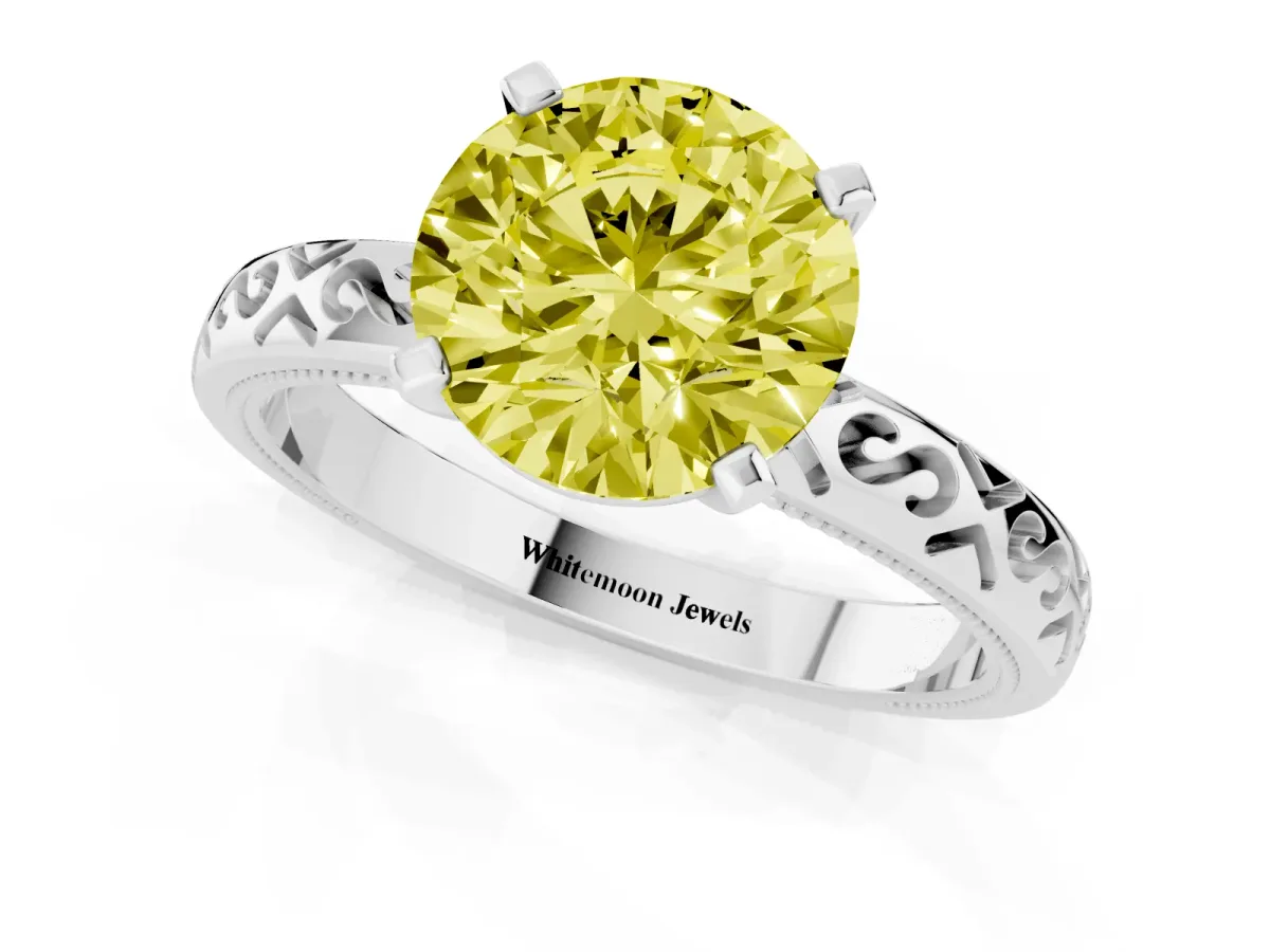 Fancy Yellow Round Cut Solitaire Engagement Ring with Scrollwork Band and Four-Prong Setting Silver