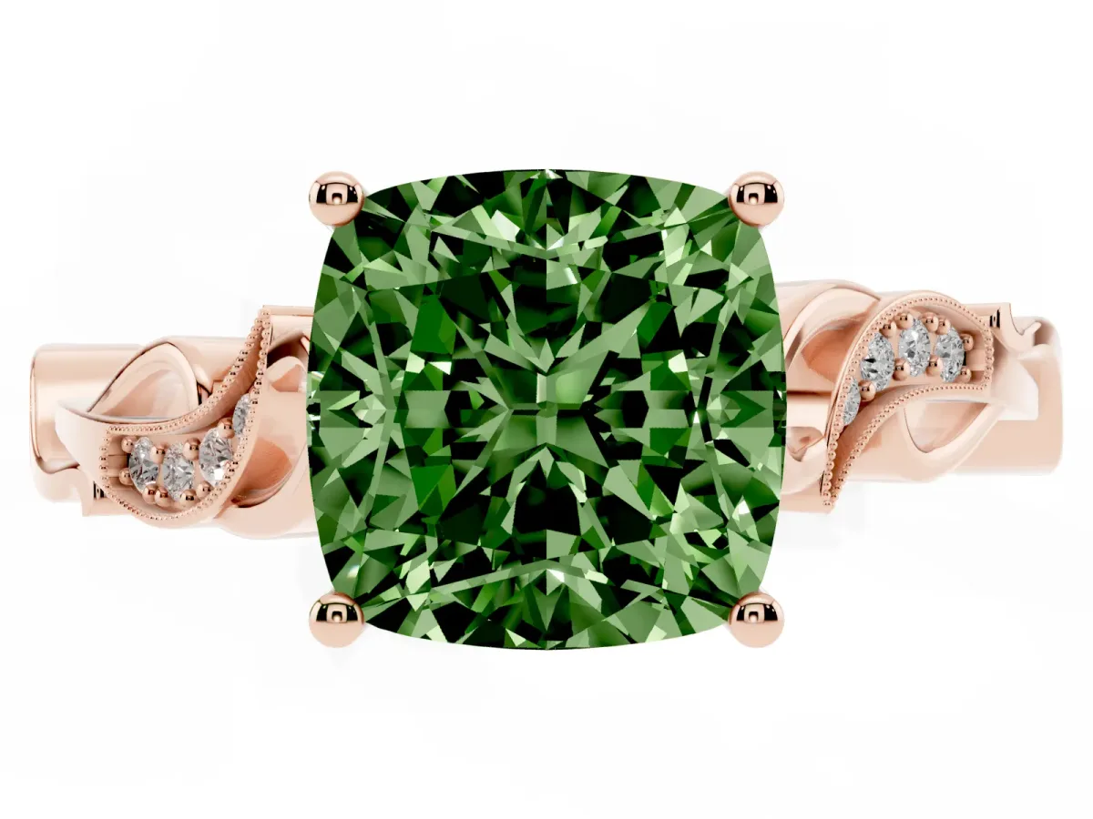 Fancy Green Cushion Cut Solitaire Vine Band with Milgrain Prong Setting Rose gold