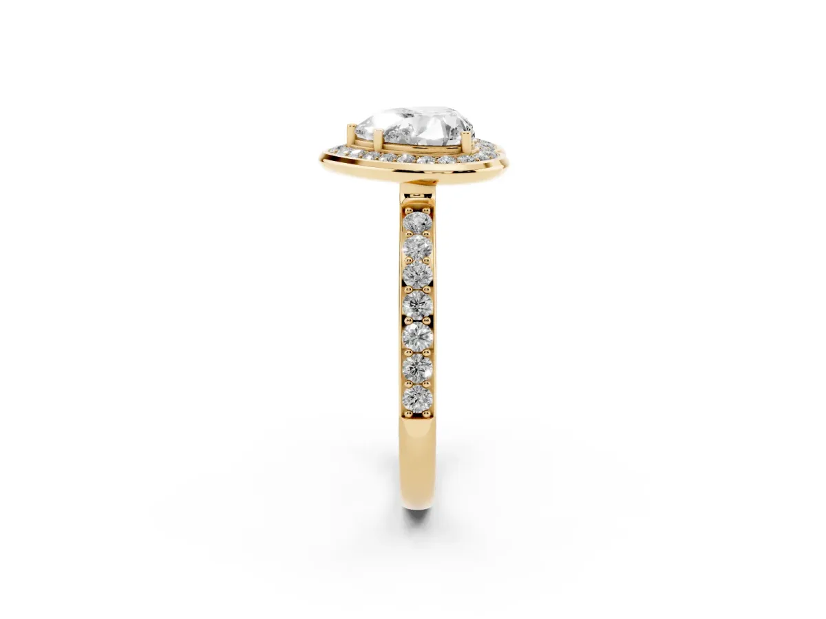 Heart Cut Diamond Halo Ring with Bezel Frame and Pavé Band Yellow gold