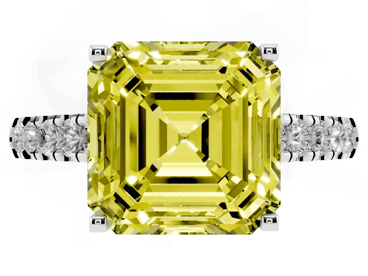 Fancy Yellow Asscher Cut Diamond Pavé Band Solitaire Ring with Prong Setting Platinum