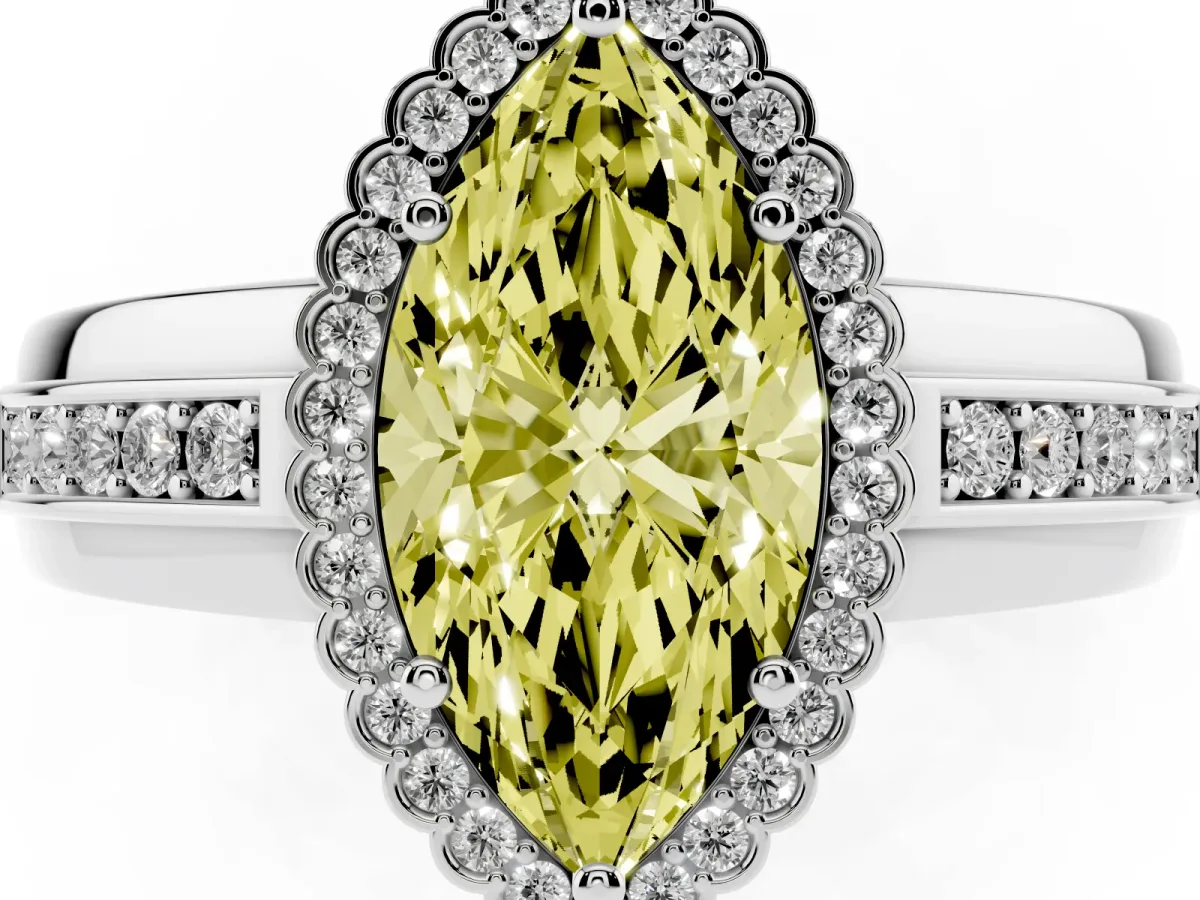 Fancy Yellow Marquise Cut Cut Halo Pave Band Four-Prong Ring White gold