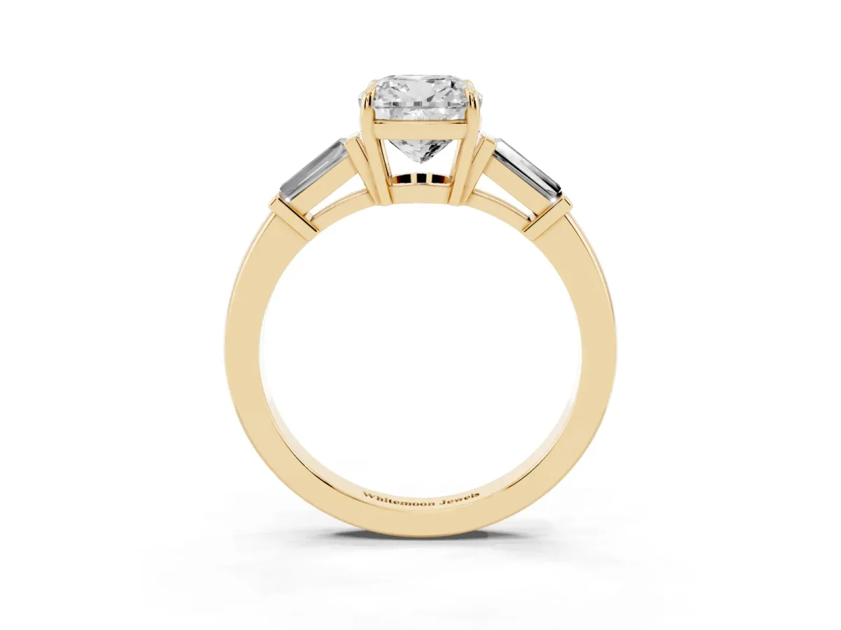 Cushion Cut Diamond Three-Stone Ring with Tapered Baguette Side Stones and Prong Setting Yellow gold