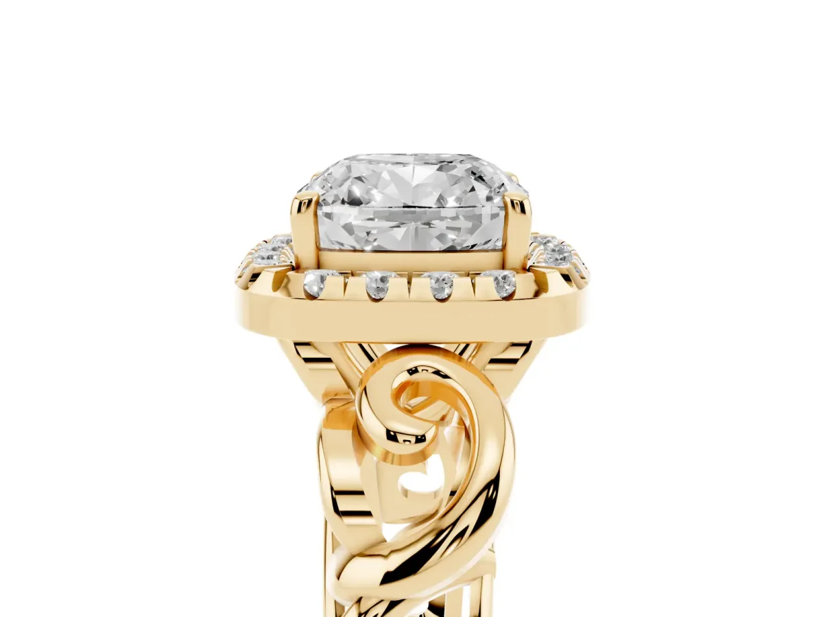 Cushion Cut Cut Halo Diamond Ring with Scrollwork Band and Four-Prong Setting Yellow gold