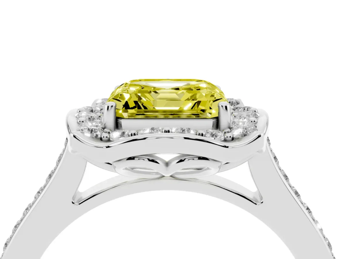 Fancy Yellow Asscher Cut Halo Round Diamond Pave Band with Four-Prong Setting Silver