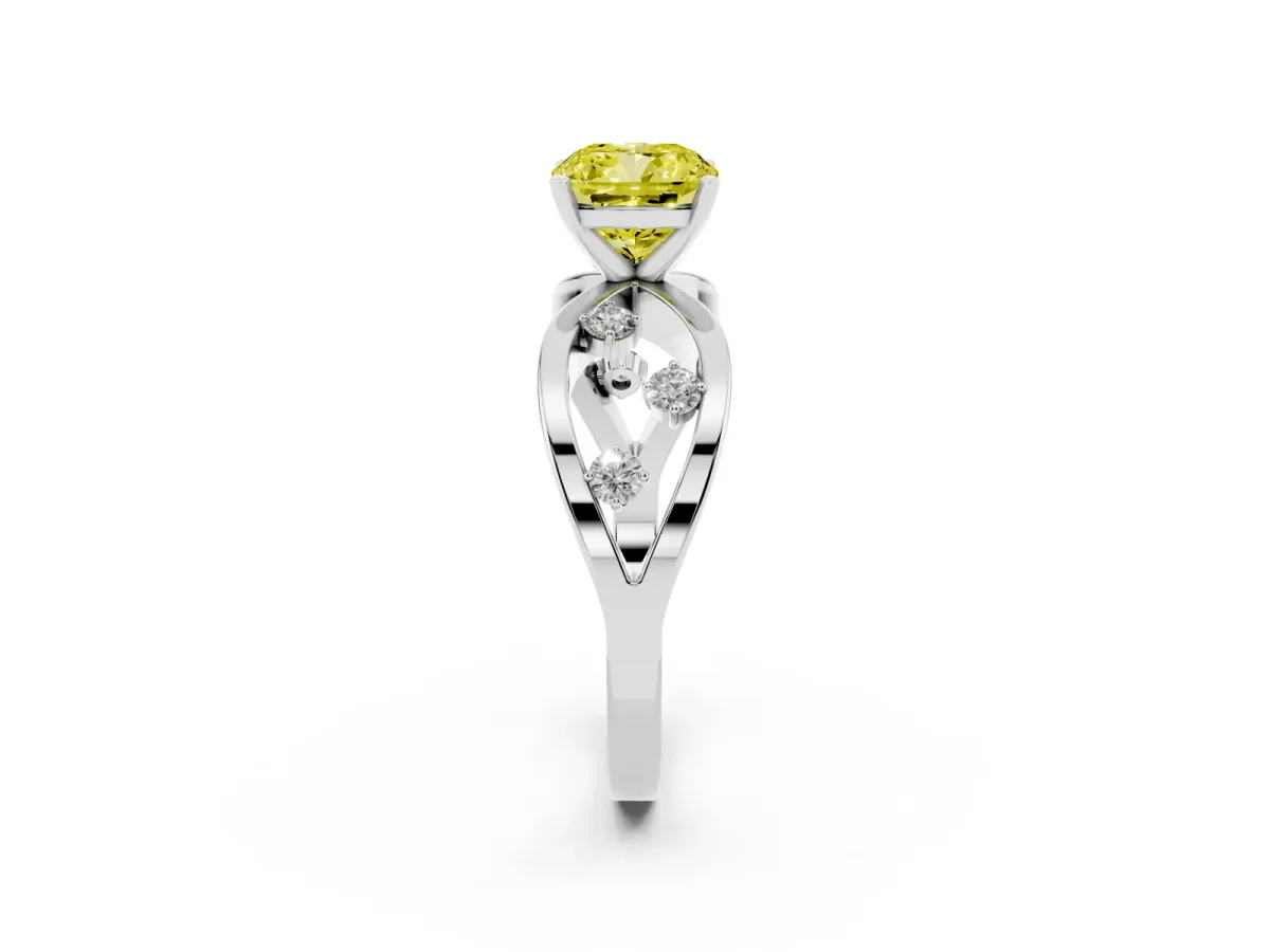 Fancy Yellow Cushion Cut Cut Solitaire Diamond with Side Stones on Criss-Cross Band and Four-Prong Setting Silver