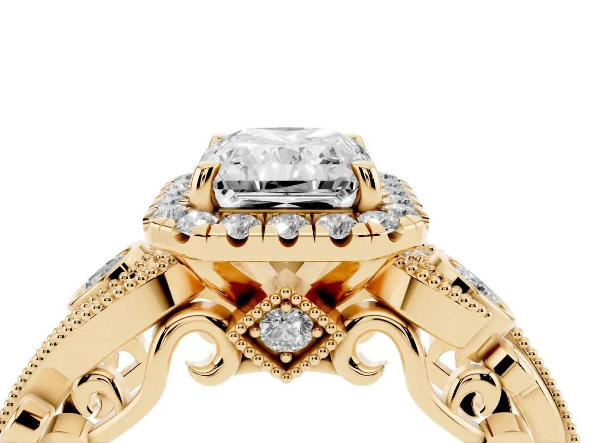 Radiant Cut Halo Diamond Ring with Milgrain and Bezel Accents on a Split Shank Band Yellow gold