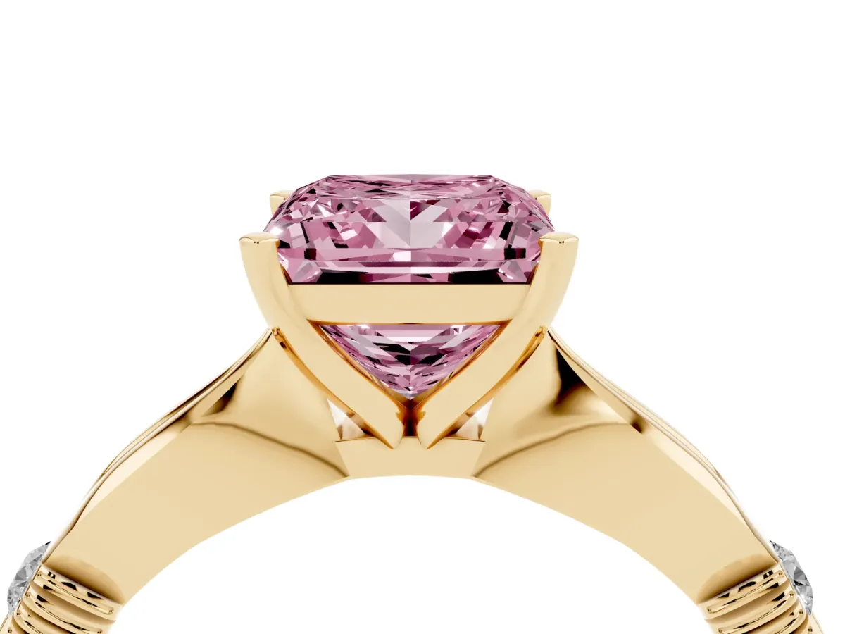 Fancy Pink Princess Cut Solitaire Diamond Twisted Band with Four-Prong Setting Yellow gold