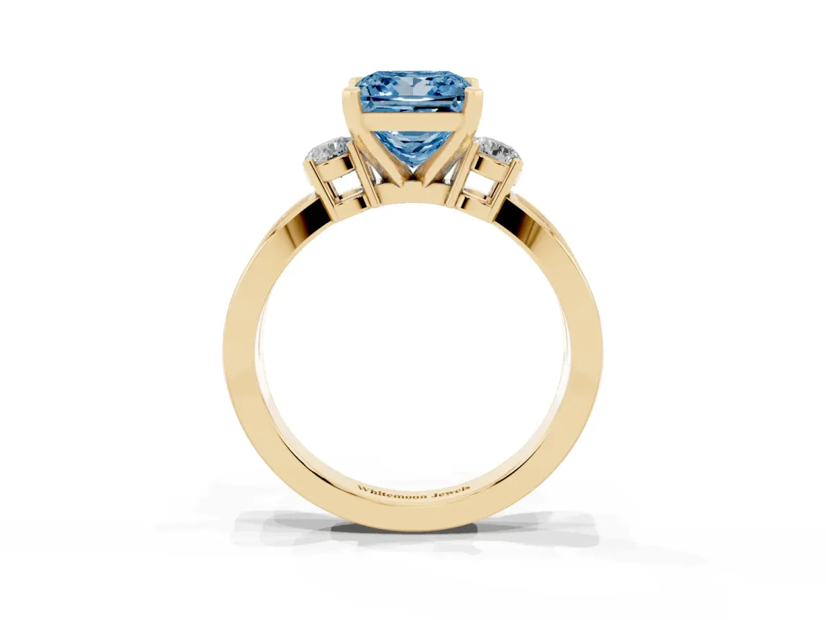 Fancy Blue Three-Stone Princess Cut Cut Diamond Twist Band with Prong Setting Yellow gold