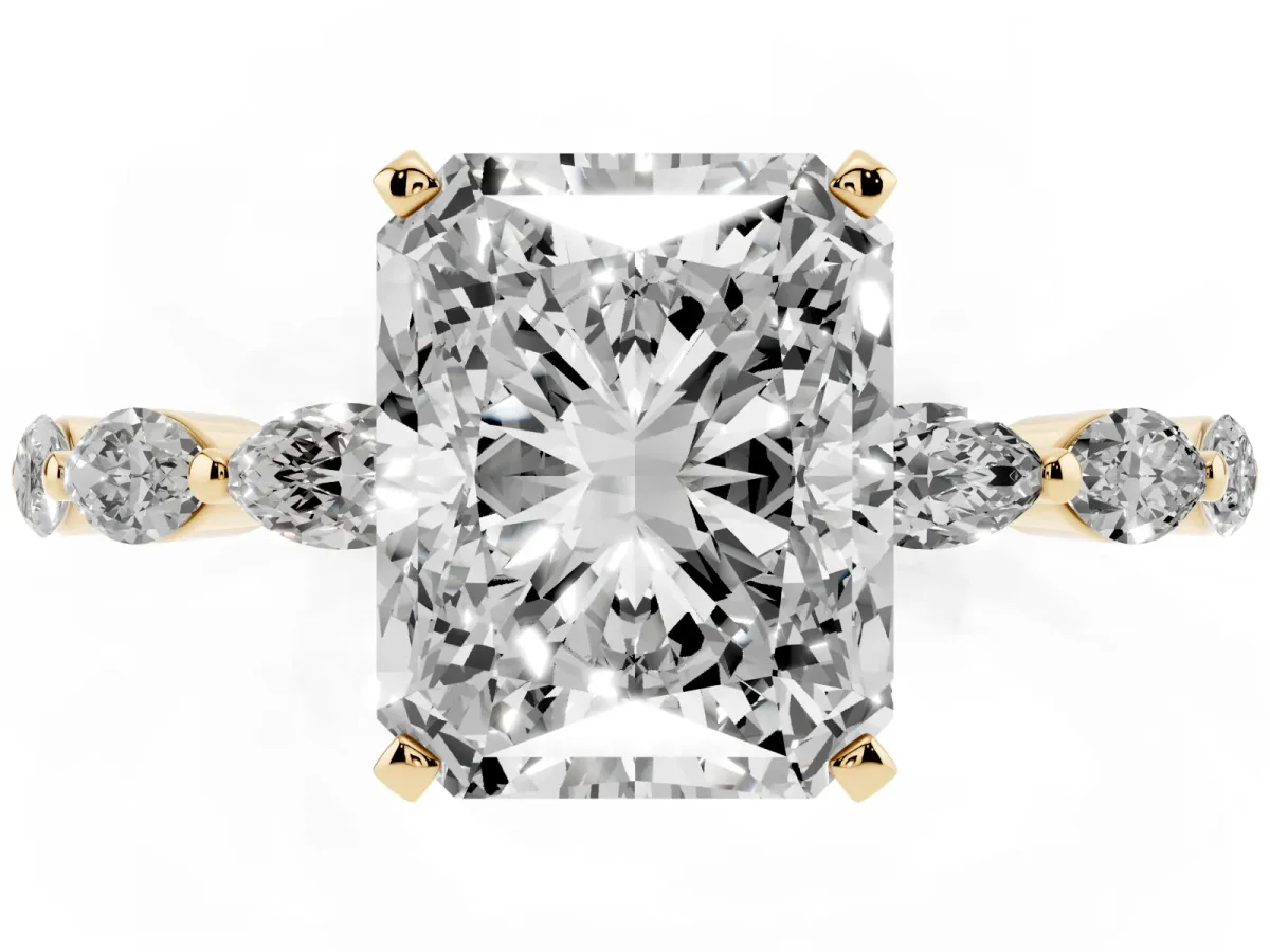 Radiant Cut Diamond Ring with Marquise Side Stones and Prong Setting Yellow gold