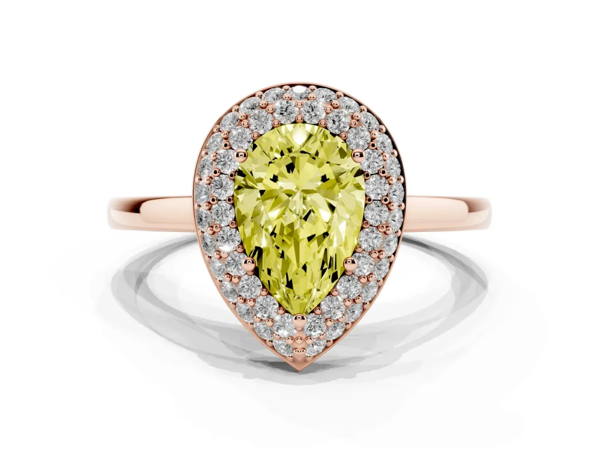 Fancy Yellow Pear Cut Halo Diamond Engagement Ring with Solitaire Band and Four-Prong Setting Rose gold