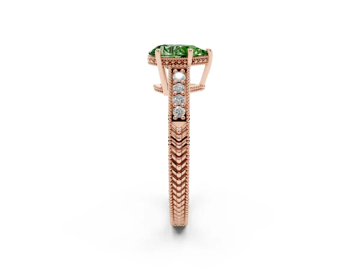 Fancy Green Pear Cut Solitaire Pavé Diamond Milgrain Engagement Ring with Four-Prong Setting Rose gold