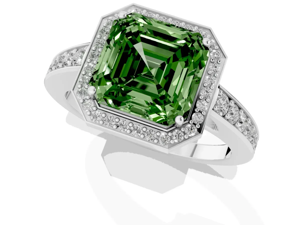 Fancy Green Asscher Cut Halo Pavé Diamond Engagement Ring with Bezel Setting Platinum
