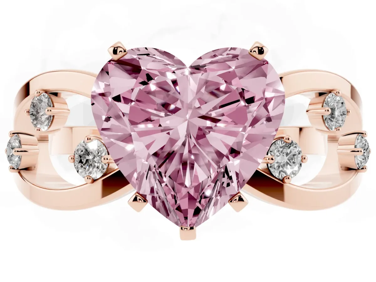 Fancy Pink Heart Cut Cut Solitaire Diamond with Side Stones on Criss-Cross Band and Four-Prong Setting Rose gold