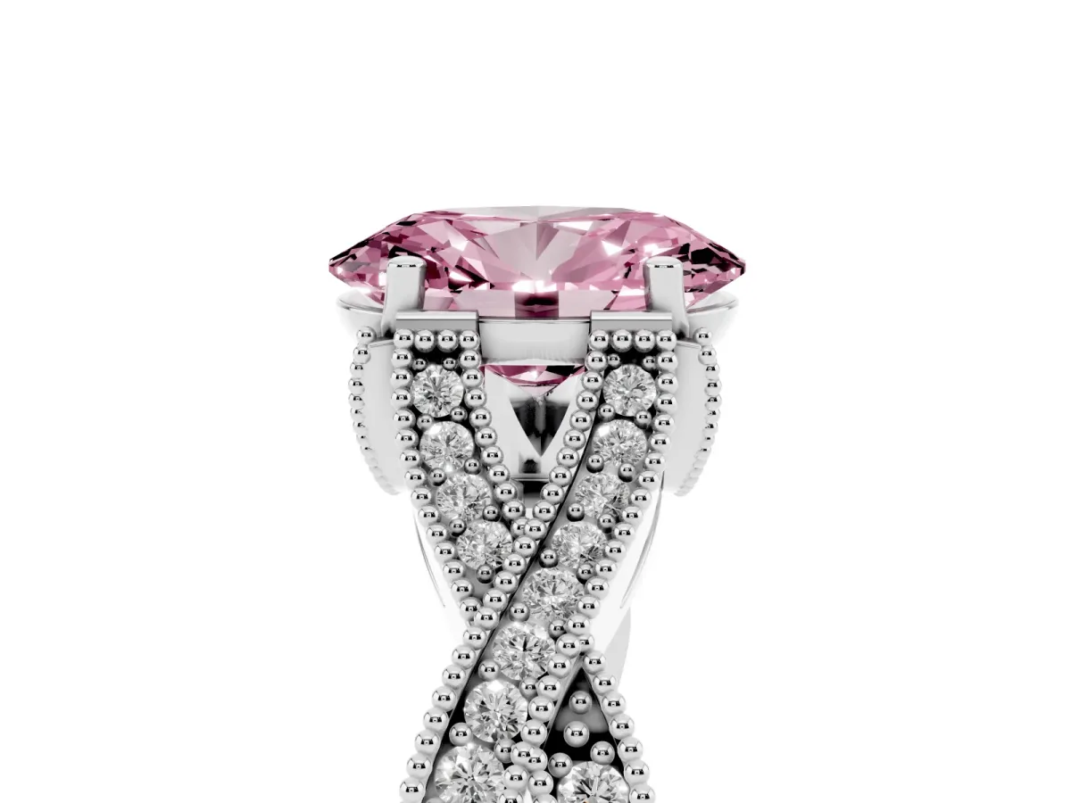 Fancy Pink Oval Cut Cut Diamond Twisted Band with Milgrain Pave Setting and Four-Prong Setting Silver
