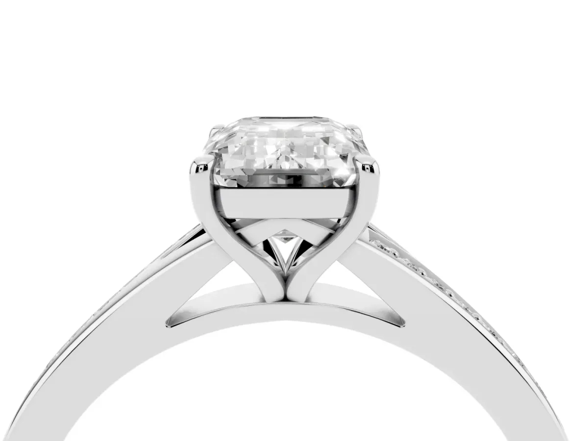 Emerald Cut Diamond Solitaire Ring with Pavé Band and Prong Setting Silver