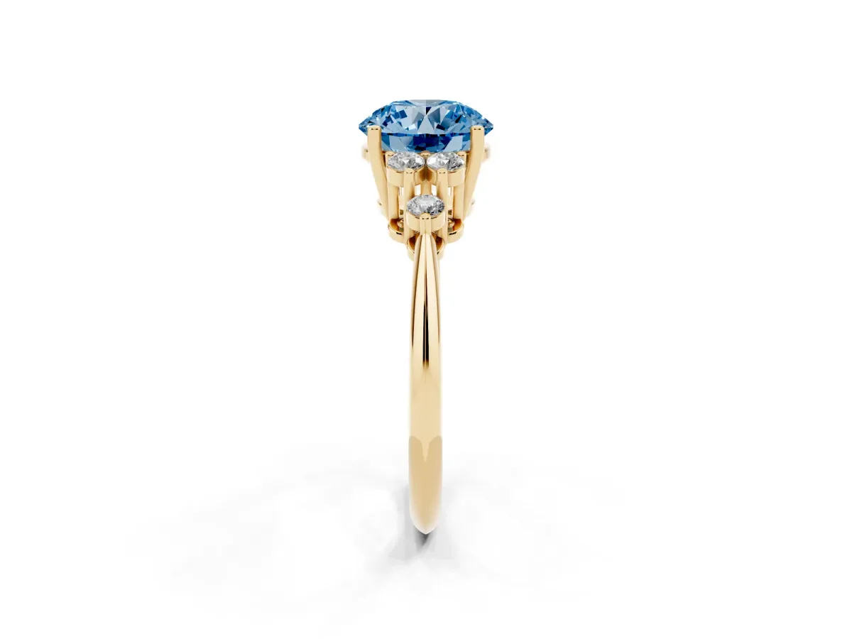Fancy Blue Round Cut Cut Diamond Cluster Ring with Solitaire Band and Four-Prong Setting Yellow gold