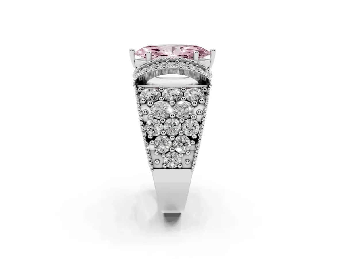 Fancy Pink Marquise Cut Halo Pave Diamond Engagement Ring with Milgrain Detailing Silver